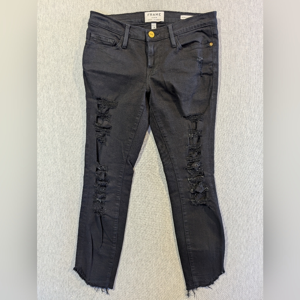 Frame Denim Le Skinny de Jeanne Crop Pants Women's 26 Black Ripped Raw Hem